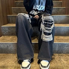 贴布破洞牛仔裤男秋季高街复古宽松直筒垂感拖地阔腿裤23222-p52，男装牛仔裤，星座1008