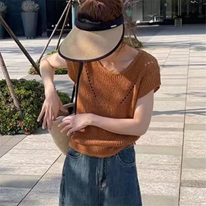 夏季新款时尚百搭系带款镂空冰丝短袖女图片
