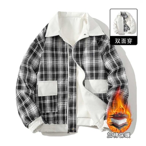 秋冬数据新款双面穿格子皮棉衣美式翻领百搭休闲棉服MF1088 P110图片