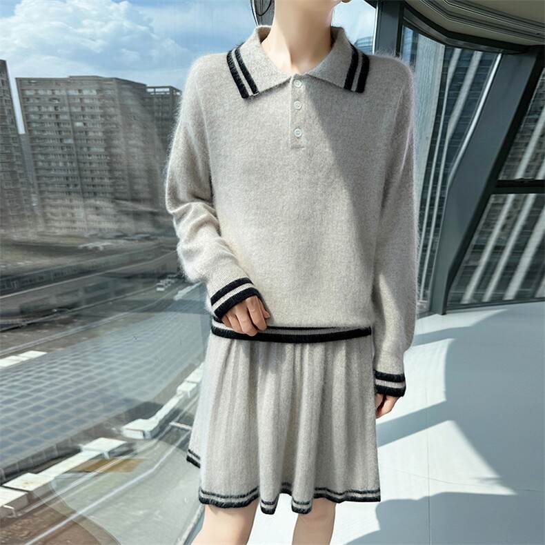 2025秋冬百搭时尚简约polo领长袖连衣裙针织衫套装，女装套装/套裙，冬贝尔貂绒