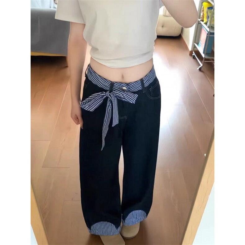 蝴蝶结系带拼接格子牛仔裤ZK0338-P50,男装牛仔裤,星座313A(原308A-2)