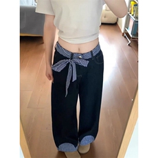 蝴蝶结系带拼接格子牛仔裤ZK0338-P50，男装牛仔裤，星座313A(原308A-2)
