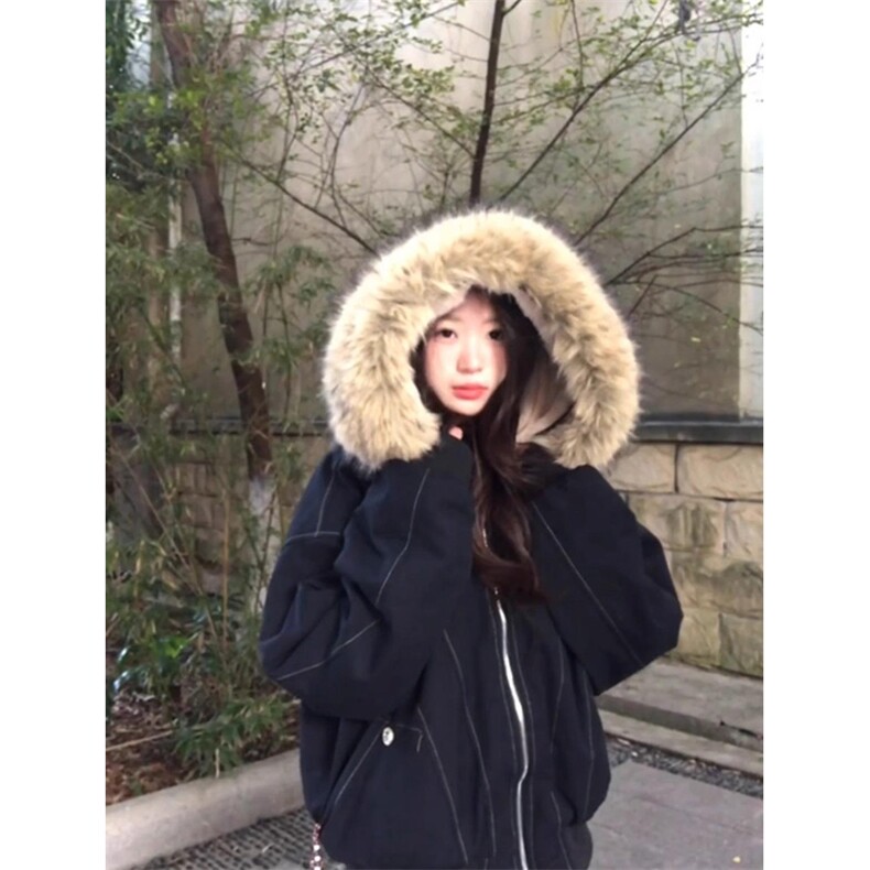 现货重磅boxy短款棉衣座山雕大毛毛领男女棉服水洗工装厚外套，男装棉衣，电商A486-1