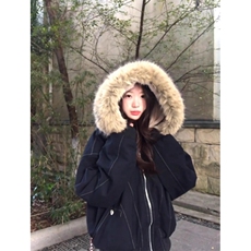 现货重磅boxy短款棉衣座山雕大毛毛领男女棉服水洗工装厚外套，男装棉衣，电商A486-1