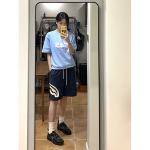 藏青色贴布鲨鱼嘴短裤男女夏季美式重磅运动五分中裤LC3115-p35图片