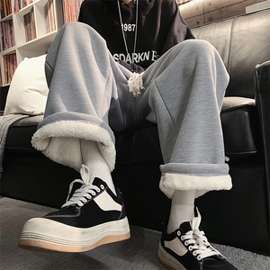 WASSUP HAPPY羊羔绒裤子男款ins潮牌棉裤宽松大码加厚加绒直筒裤图片