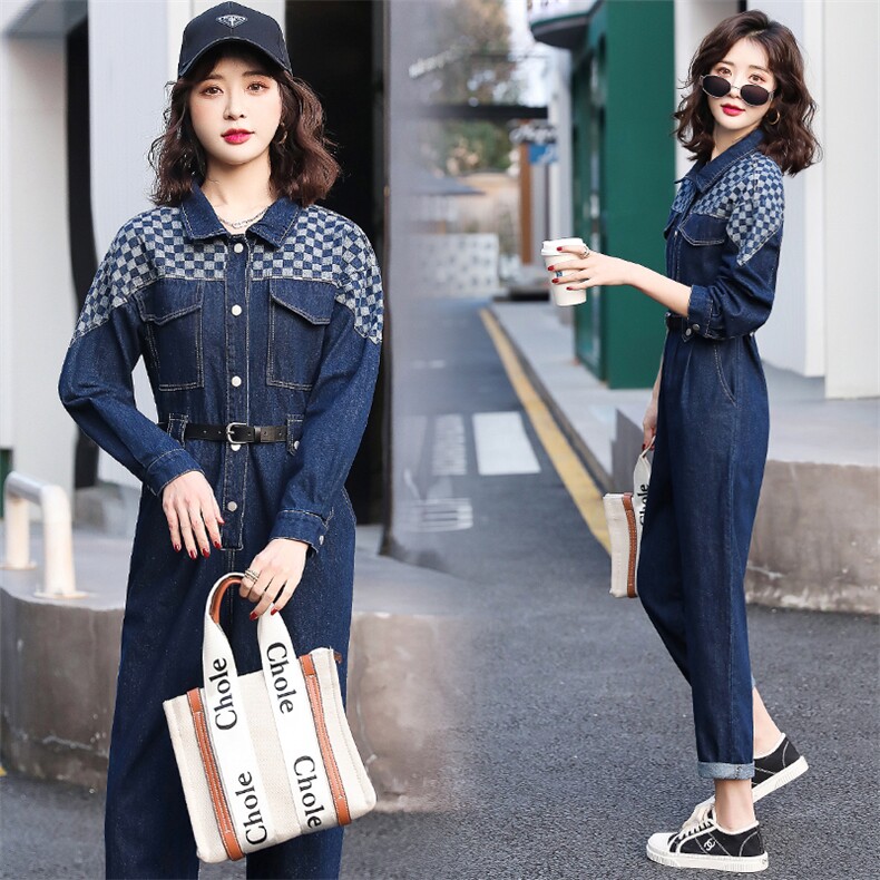 牛仔工装连体裤女2025春秋新款拼接格子高级感时尚流行连衣裤，女装连体裤，E百度