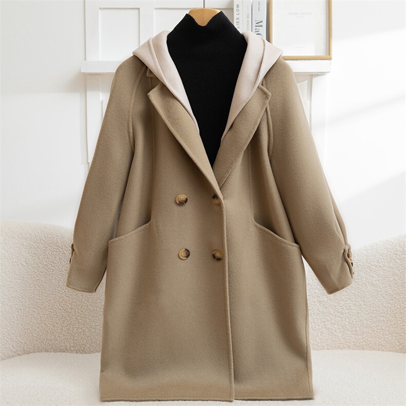 2025年秋季长袖常规柔软时尚百搭连帽大衣，女装毛呢外套，怡欣双面呢工厂店