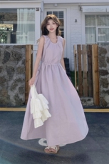 紫色温柔风别致漂亮连衣裙女2025夏季新款海岛度假收腰无袖A字裙，女装连衣裙，2D078