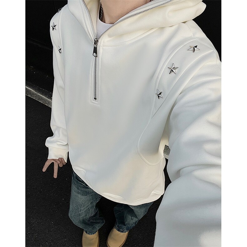 假两件外套未来感潮流卫衣星星铆钉拉链连帽卫衣常规p75加绒p85,女装短外套,电商B319