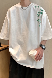 圆领竹叶立体凹凸拉板印花T恤短袖五分半袖打底衫XT11-P40控58图片