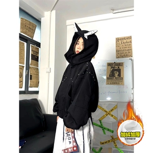 480G重磅加绒硬挺boxy男女美式高街卫衣铆钉杜宾犬耳朵开衫厚外套图片