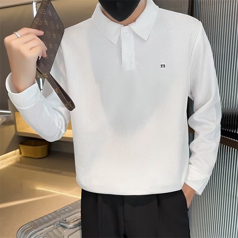 秋季华夫格长袖翻领POLO衫男韩版修身套头卫衣纯色打底衫T恤 T550图片