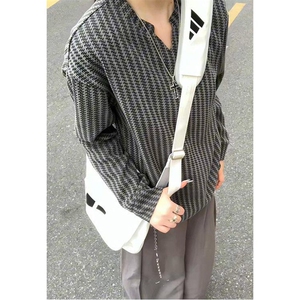 美式高街千鸟格子长袖T恤男女亨利V领英伦雅痞休闲宽松长袖打底衫图片