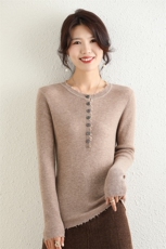 百搭女圆领羊毛衫羊毛纯色休闲毛衣显瘦修身长袖针织衫，女装羊毛衫，高粱穗羊绒