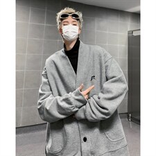 2026经典纯色刺绣肌理感开衫纽扣V领卫衣男女宽松情侣秋冬外套，女装短外套，星座715-4