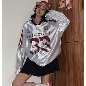 W10329-P40 网图现货 美式复古泽西风V领长袖T恤宽松运动透气球衣图片