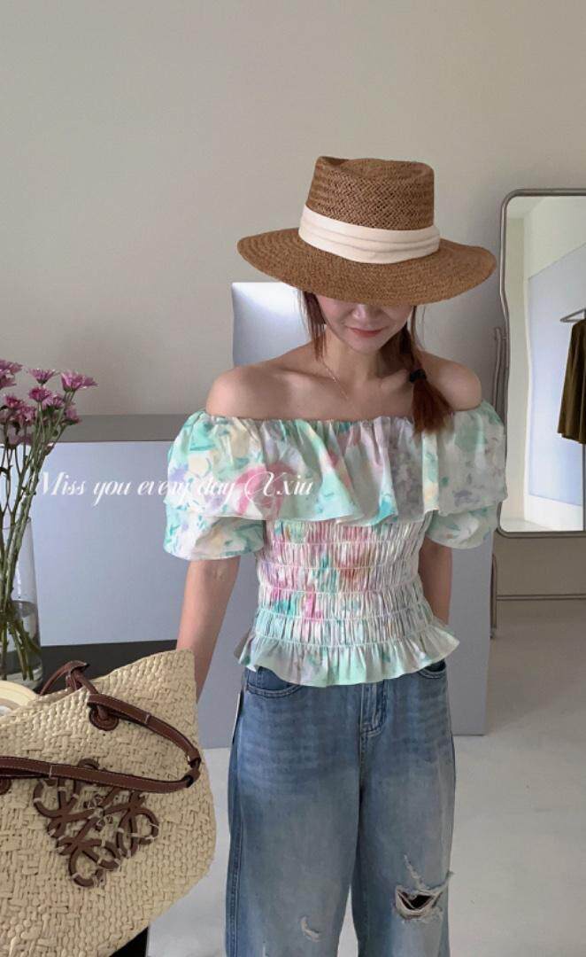 牛津荷叶边上衣一字肩，其它，新袖