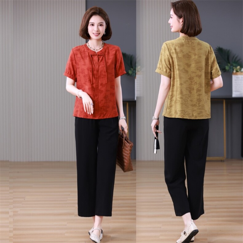 中式国风妈妈提花长袖上衣女春秋新款洋气高贵上衣中老年打底小衫，女装中老年女装，妃曼