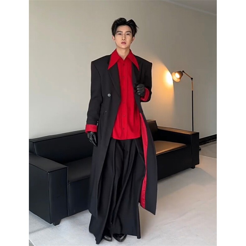 现货~黑红撞色长款垫肩收腰大衣Y960-西装风衣P118毛呢大衣P125，男装西服套装，星座1004-3