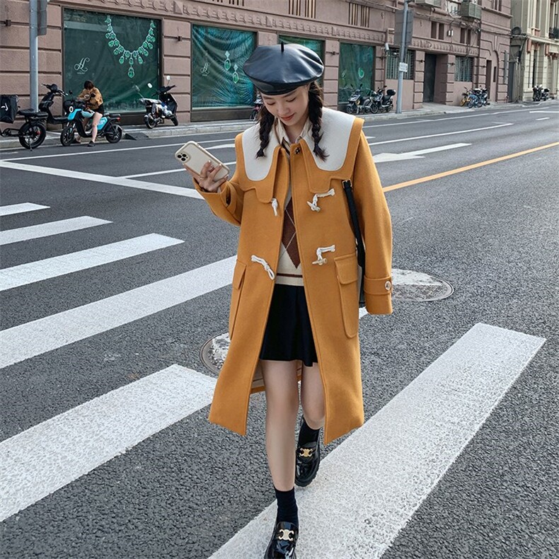 【新品】出货中娃娃领学院风撞色毛呢大衣807-P185-K265,女装毛呢外套,浙宝189