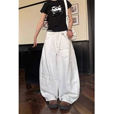 美式高街白色设计感弯刀牛仔裤男女春夏款宽松显瘦高腰阔腿拖地裤，男装牛仔裤，星座1210-1