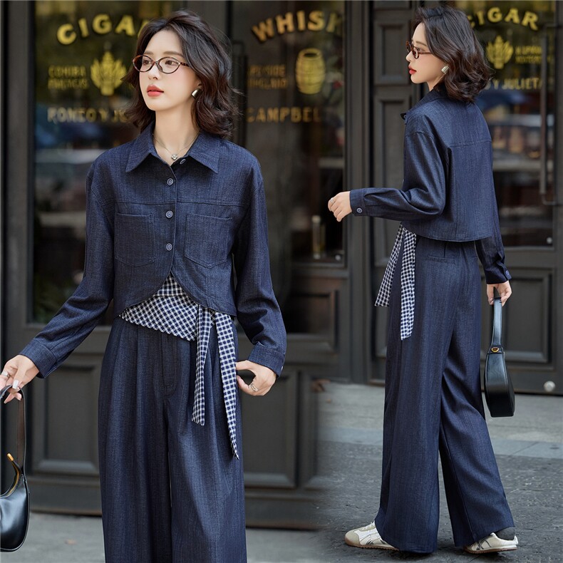 2025秋装新款衬衣+格子吊带三件套，女装套装/套裙，依路服饰