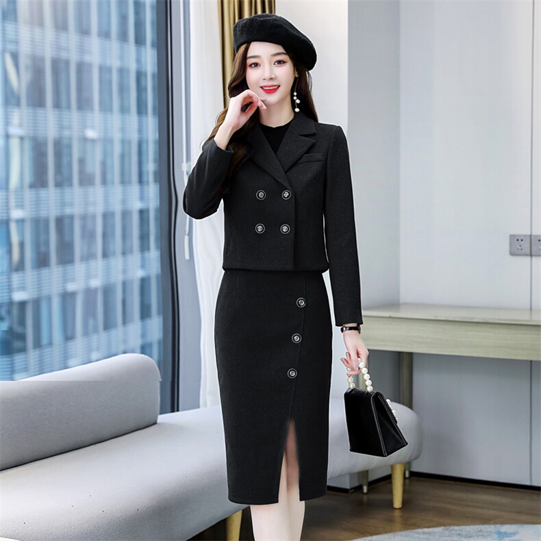 职业毛呢套装女2024春秋新款时尚气质女神范短款西装开叉裙两件套,女装套装/套裙,韩美纤衣
