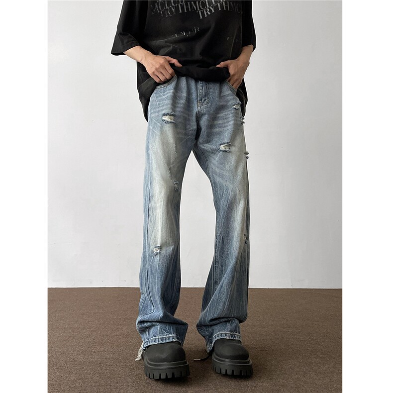 现货~春夏美式复古破洞闪电纹水洗牛仔裤XZ502-K733-P65控88，男装牛仔裤，星座502
