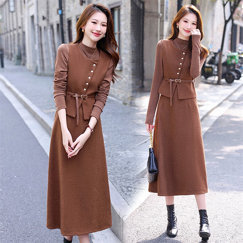 韩系一整套搭配气质百搭时尚三件套女秋简约马甲纯色打底半身长裙，女装套装/套裙，艾贝斯