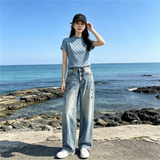 时尚休闲减龄套装女夏季新款波点短袖上衣高腰阔腿牛仔裤两件套潮，女装套装/套裙，江南