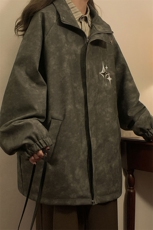 中性风PU皮复古做旧可拆卸四芒星胸针大码M-5XL夹克男JK77757P90，男装夹克，星座227-7