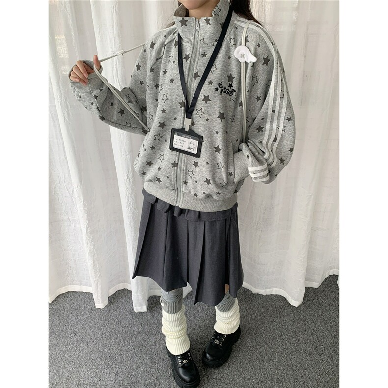美式复古星星满印立领开衫男女春秋宽松慵懒松弛感拉链外套上衣,女装短外套,星座1210-1