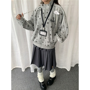 美式复古星星满印立领开衫男女春秋宽松慵懒松弛感拉链外套上衣图片