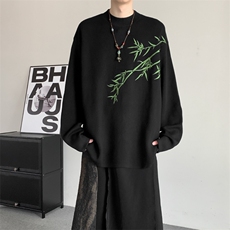 秋冬季暗黑潮百搭圆领套头风翠竹刺绣羊毛衫休闲针织潮毛衣，男装针织衫/毛衣，星座909