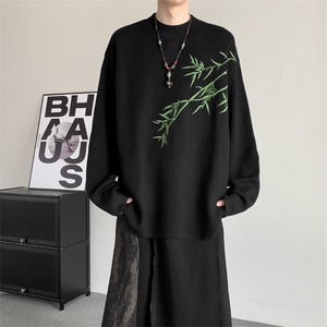 秋冬季暗黑潮百搭圆领套头风翠竹刺绣羊毛衫休闲针织潮毛衣图片