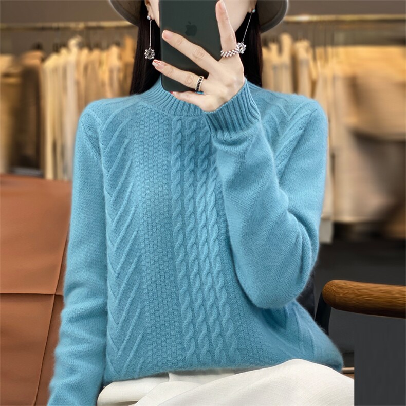 2025年秋季通勤重磅加厚半高扭花时尚百搭通勤柔软休闲,女装羊毛衫,大美人包芯纱店