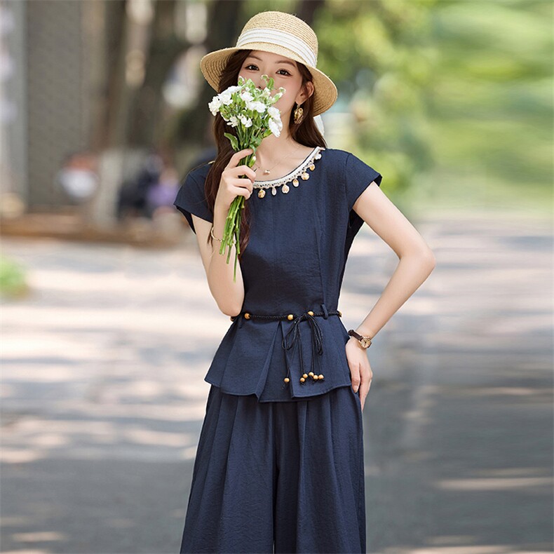 2025年夏季新款圆领时尚气质短袖上衣阔腿裤两件套,女装套装/套裙,天丝秀