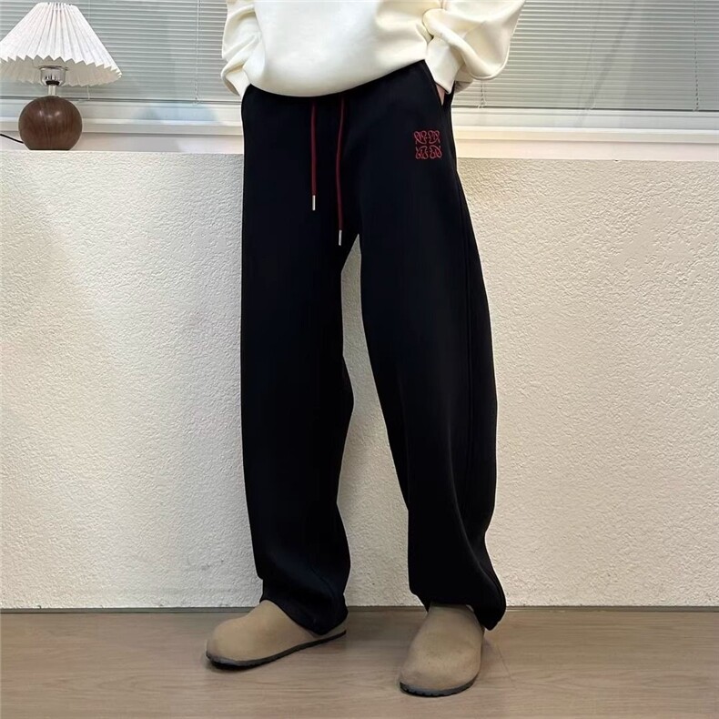 2025新款加绒卫裤男士针织绣花直筒裤垂感宽松休闲长裤男阔腿裤图片