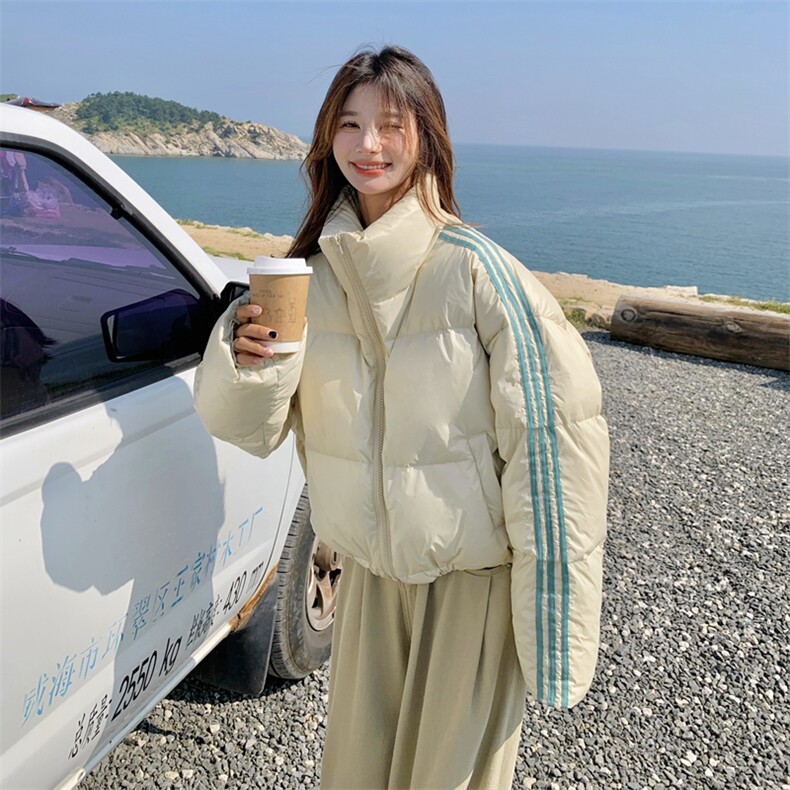 撞色条纹拼接短款羽绒服女冬季2025新款小个子韩版90白鸭绒面包服,女装羽绒服,2C158