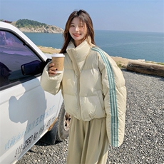 撞色条纹拼接短款羽绒服女冬季2025新款小个子韩版90白鸭绒面包服，女装羽绒服，2C158
