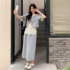 法式拼接半身裙套装女气质2025夏季新款时尚休闲蕾丝短上衣三件套，女装套装/套裙，2C133
