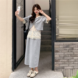 法式拼接半身裙套装女气质2025夏季新款时尚休闲蕾丝短上衣三件套图片