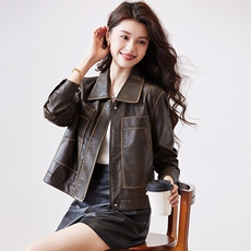 复古短款机车皮衣外套女春季2024新款宽松炸街小个子pu皮夹克上衣，女装皮衣，美拉德工厂直营店