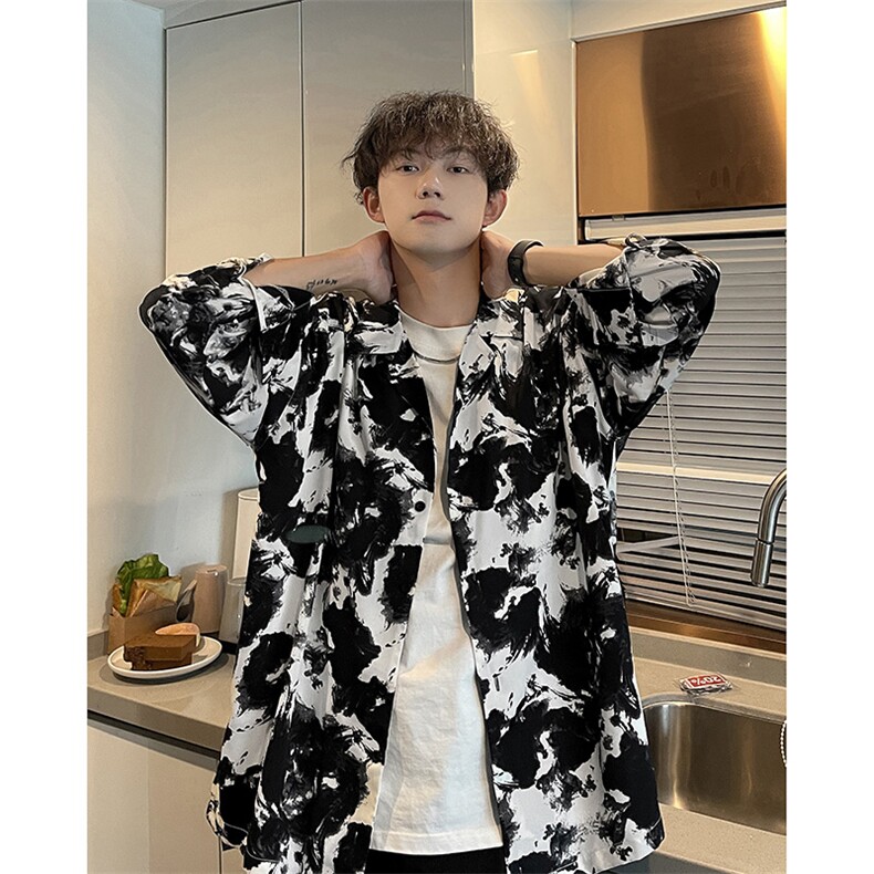 春夏季大理石纹水墨花衬衫男潮牌宽松垂感长袖衬衣A071-C50-P45,男装衬衫,电商A071