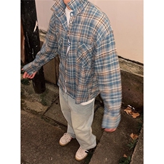 美式复古磨毛格纹长袖衬衫男女秋痞帅休闲潮港风格子衬衣外套，男装衬衫，星座1210-1
