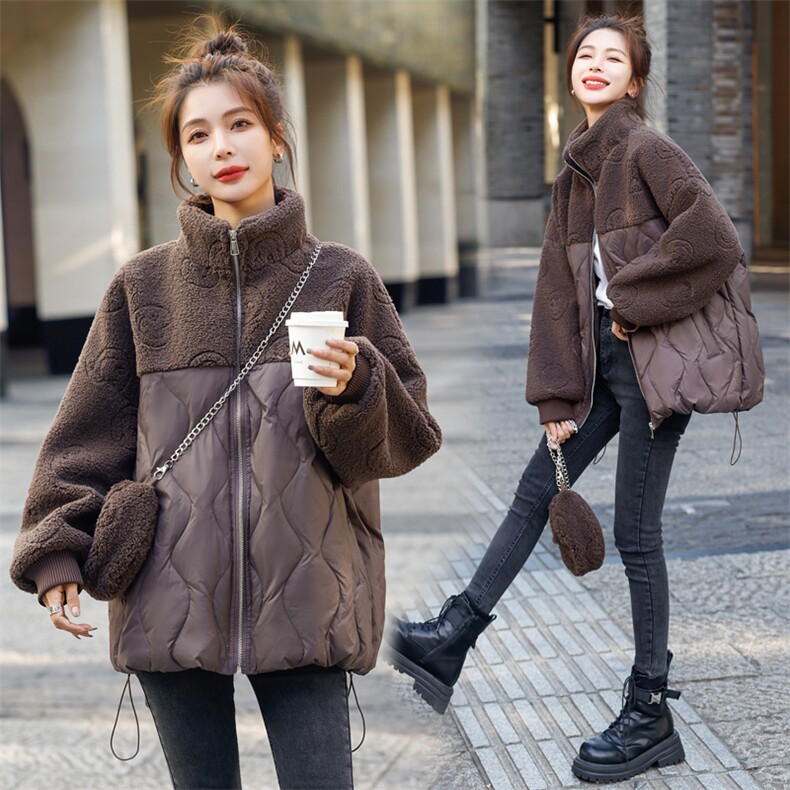 羽绒服女2025冬季新款女装韩版时尚颗粒绒拼接保暖白鸭绒外套，女装羽绒服，慧尚依恋