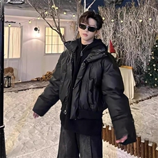 现货5W件冬季三防重磅硬挺boxy短款羽绒立领PU皮棉衣外套加厚棉服，男装棉衣，电商A486