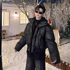现货5W件冬季三防重磅硬挺boxy短款羽绒立领PU皮棉衣外套加厚棉服图片