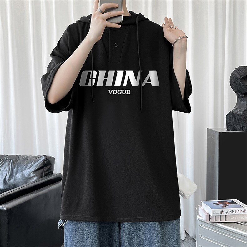 LD54001-P45连帽短袖t恤男大码胖子带帽五分袖中袖,男装T恤,电商A040
